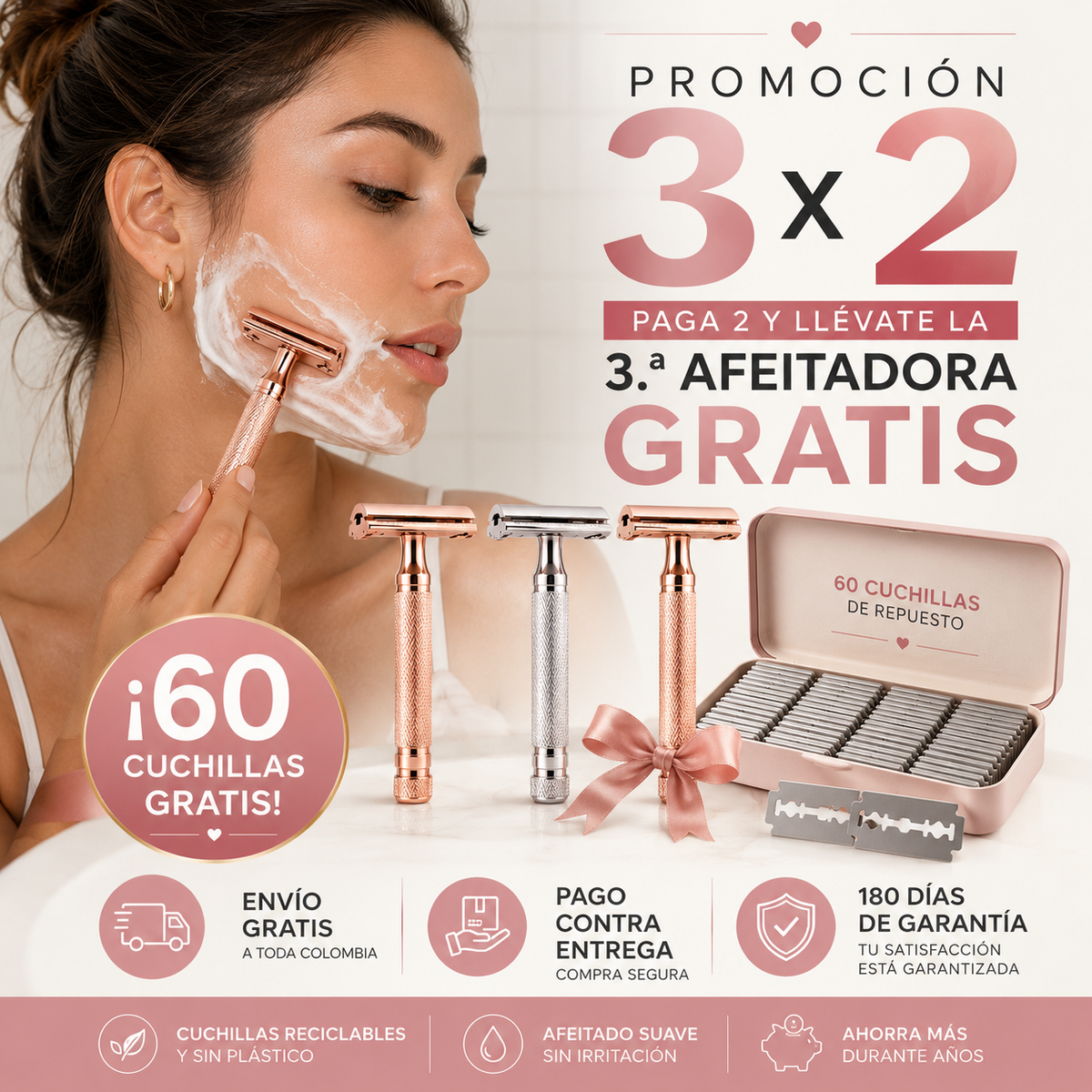 Promo 3 Por El Precio De 2 - Maquina De Afeitar Premium Zero Waste + 60 Cuchillas En Acero