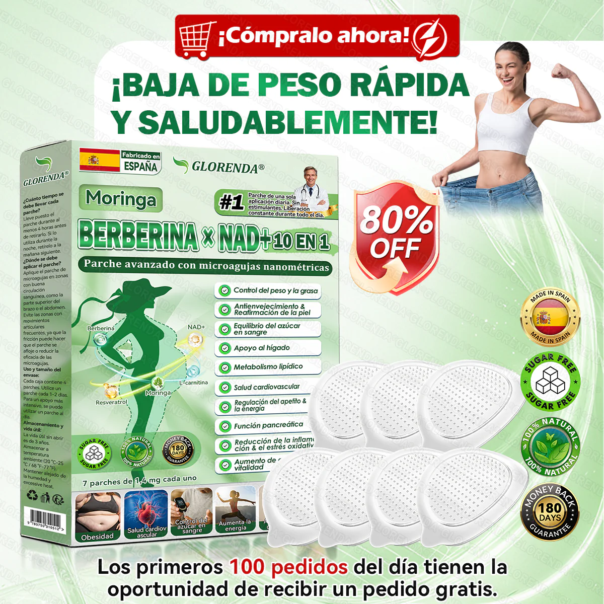 GLORENDA®  60 Parches avanzados de micronanoalga. Para la obesidad, piel flácida, diabetes, apnea del sueño, problemas articulares y mucho más.